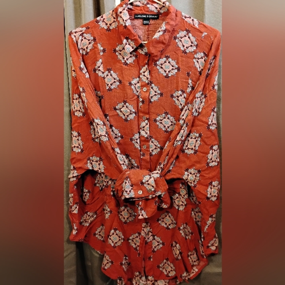 Harlow & Graham Chic Vibrant Red Thin Cotton Boho Floral Tunic Shirt Top
